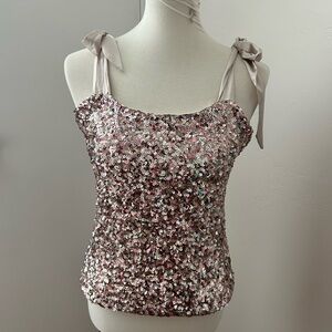 Pink Lily Boutique Pink and Silver Sequin Top with Champagne Satin Ties